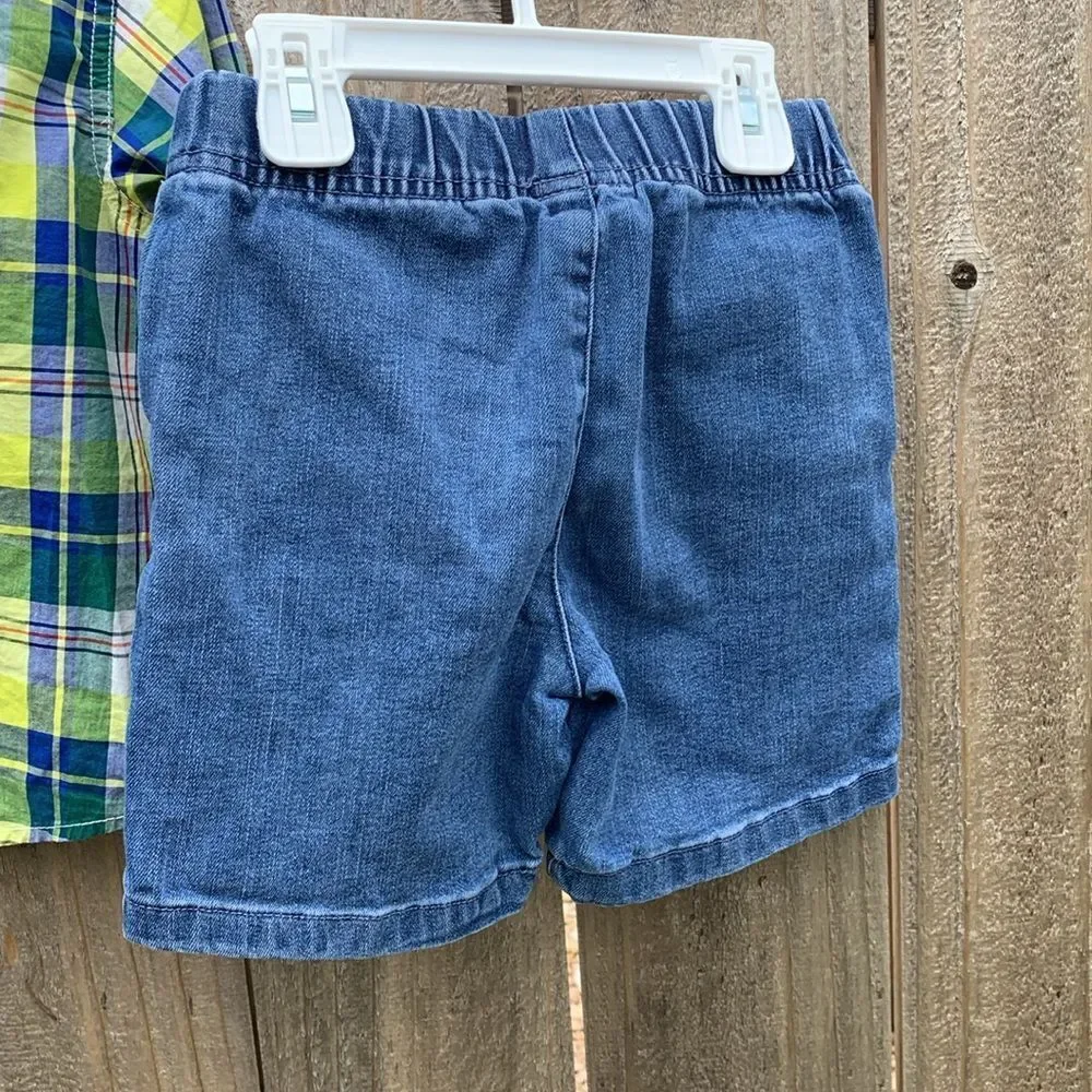 Take 50% OFF- Boys 2pcs Plaid Kids Shirt - Blue and Green and Shorts, Size-3T